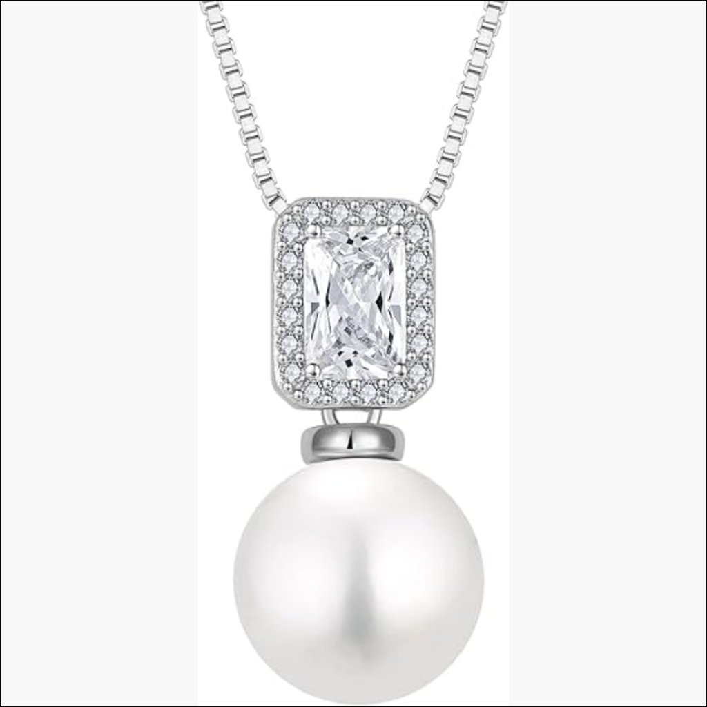 925 Sterling Silver Pearl Pendant Necklace With Emerald Cut Birthstone